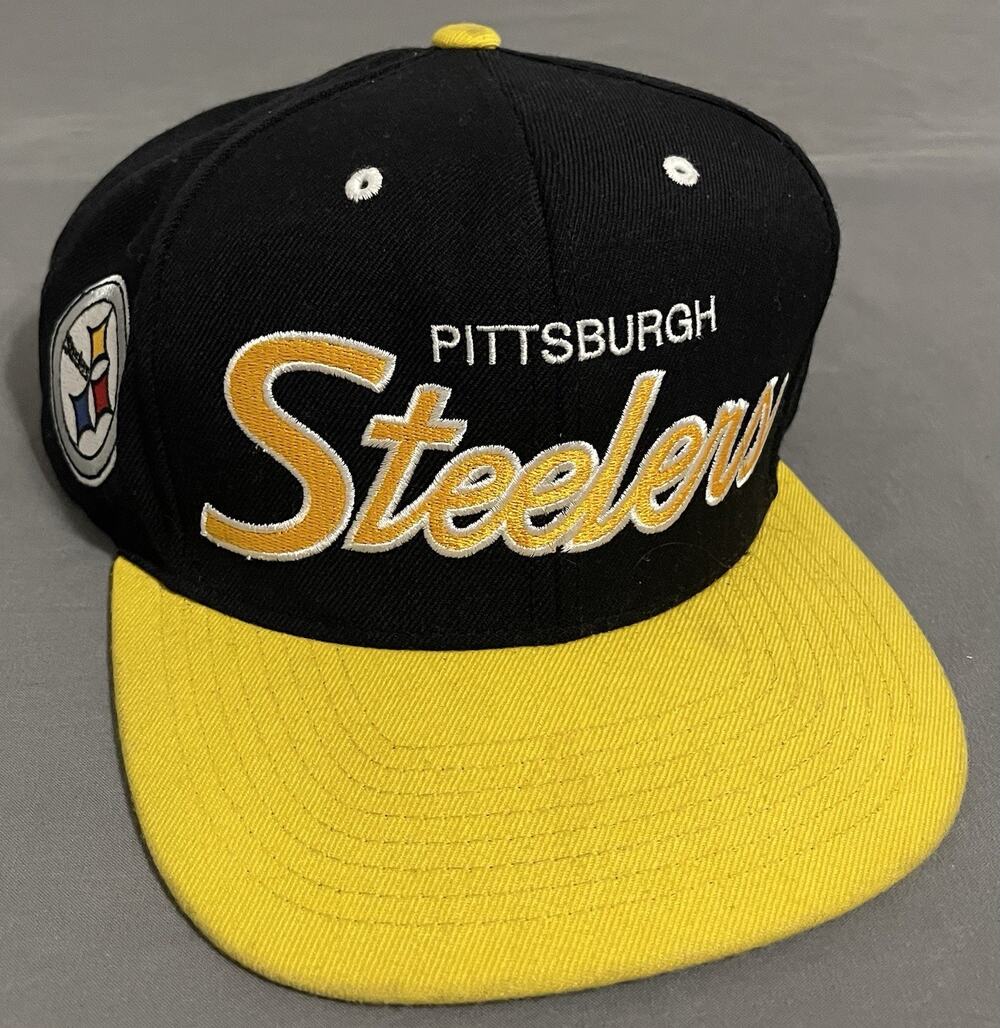 Mitchell & Ness Steelers Script Snapback Hat Vintage Collection Black Yellow NFL